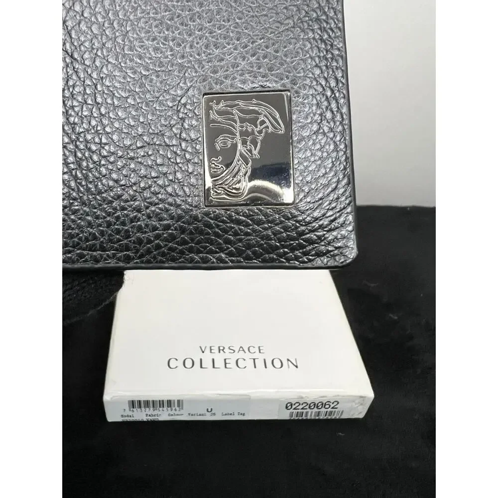 Versace Collection Black Pebbled Leather Bifold Wallet Medusa Auth Box